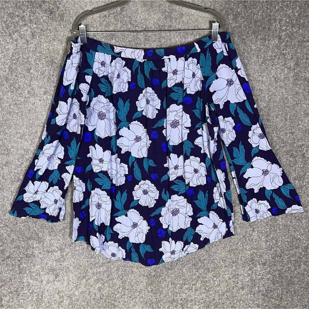 BP Off The Shoulder Floral Flowy Top Womens Size Large Keyhole Blue Rayon‎